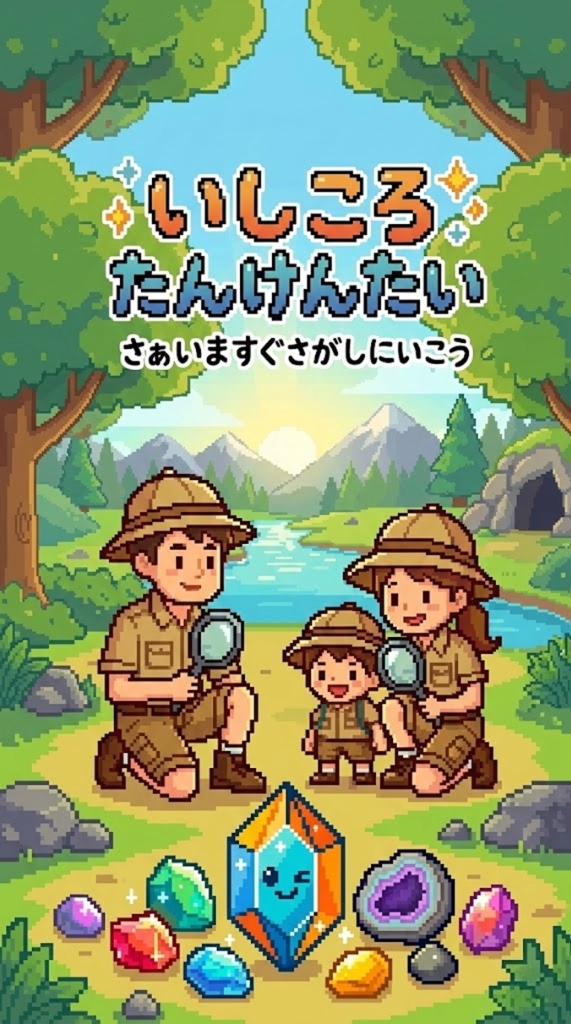 いしころたんけんたいの探検イラスト。親子が虫眼鏡で石を観察している